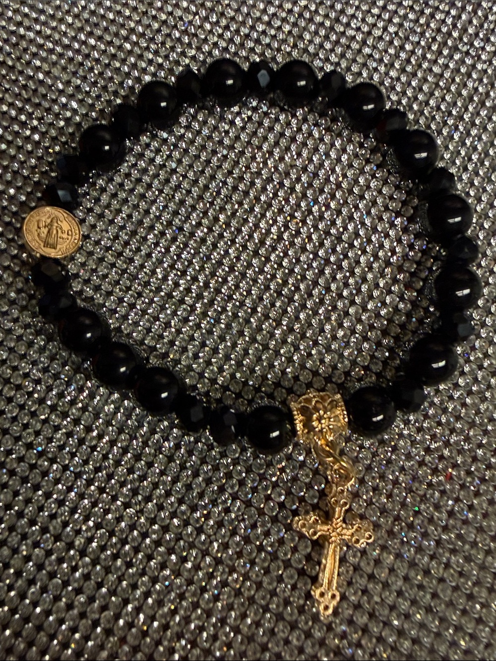 Black Beaded Bracelet with Gold Cross Charm - Unbranded